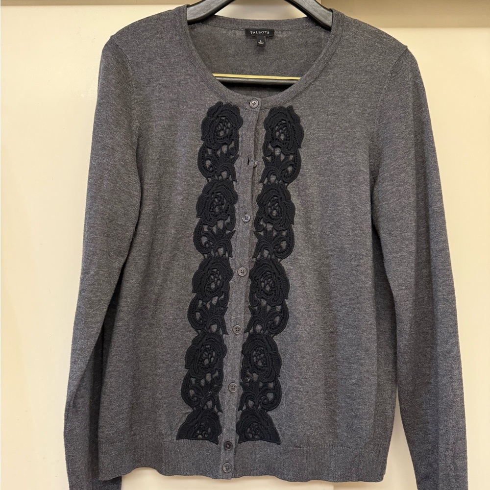 Talbots : Gray Cardigan with Black Lace Detail